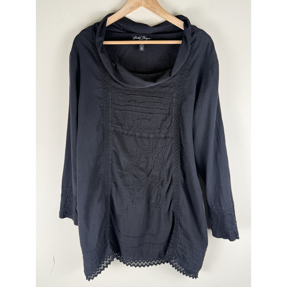 Gretty Zueger Black Embroidered Crochet Cowl Neck Tunic 2X BOHO Lagenlook PERU